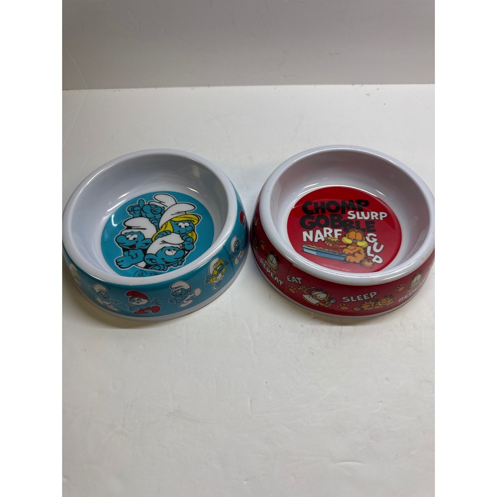 The Smurfs & Garfield Cat Bowls Set of 2 Melamine Pet Food Water Dishes New